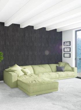 Beyaz yatak odası en az stil iç tasarım ahşap duvar ve gri Kanepeli. 3D render.