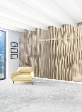 Beyaz yatak odası en az stil iç tasarım ahşap duvar ve gri Kanepeli. 3D render.