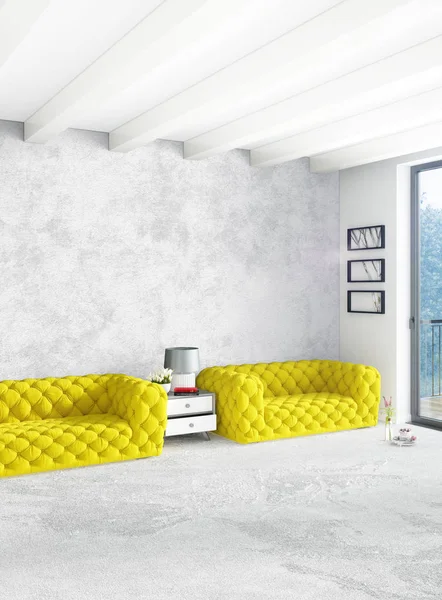 Beyaz yatak odası en az stil iç tasarım ahşap duvar ve gri Kanepeli. 3D render.