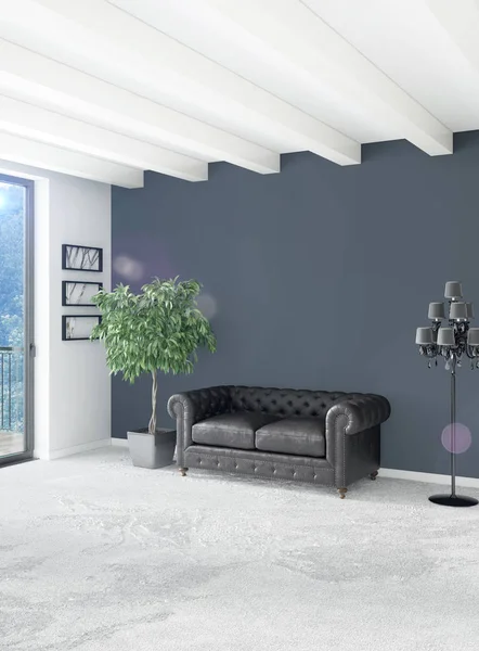 Beyaz yatak odası en az stil iç tasarım ahşap duvar ve gri Kanepeli. 3D render.