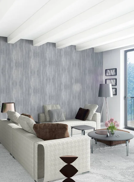 Beyaz yatak odası en az stil iç tasarım ahşap duvar ve gri Kanepeli. 3D render.