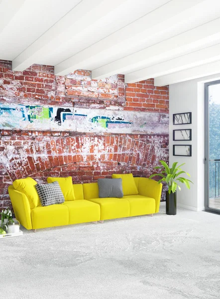 Beyaz yatak odası en az stil iç tasarım ahşap duvar ve gri Kanepeli. 3D render.