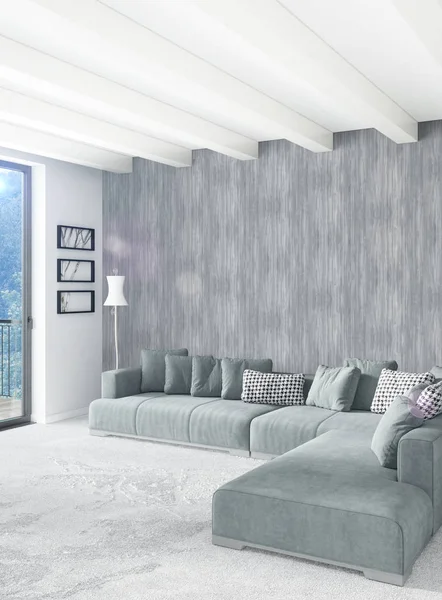 Beyaz yatak odası en az stil iç tasarım ahşap duvar ve gri Kanepeli. 3D render.