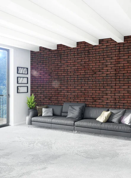 Beyaz yatak odası en az stil iç tasarım ahşap duvar ve gri Kanepeli. 3D render.