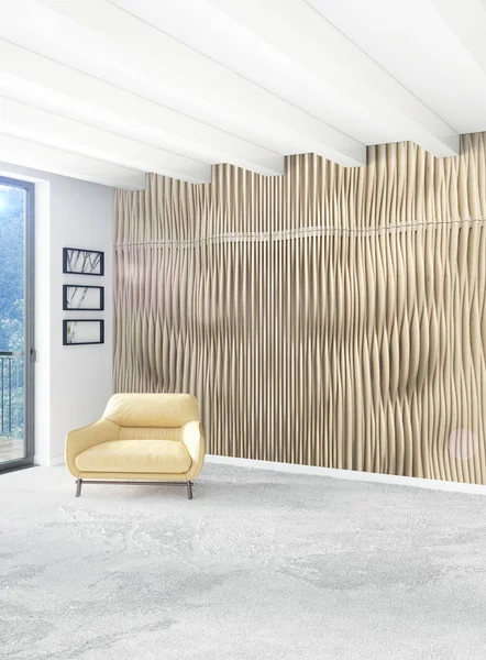 Beyaz yatak odası en az stil iç tasarım ahşap duvar ve gri Kanepeli. 3D render.