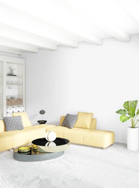 Modern yatak odası sarı kanepe lüks en az tarzı iç çatı tasarımı ile eklektik duvar. 3D render.