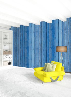 Modern yatak odası sarı kanepe lüks en az tarzı iç çatı tasarımı ile eklektik duvar. 3D render.