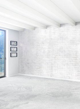 Dikey boş oda minimalizm tarzı şık duvar ve iç tasarımı 3d render.