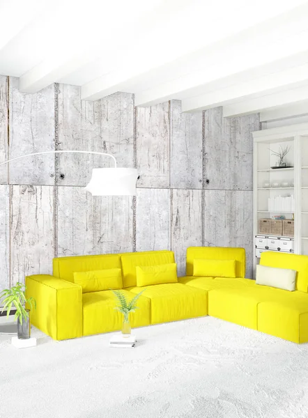 Modern yatak odası sarı kanepe lüks en az tarzı iç çatı tasarımı ile eklektik duvar. 3D render.