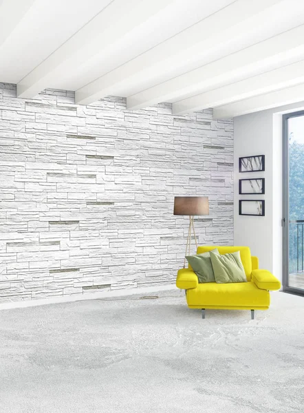 Beyaz yatak odası en az stil iç tasarım ahşap duvar ve gri Kanepeli. 3D render.