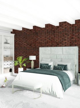 Beyaz yatak odası veya oturma odası en az stil iç tasarım şık duvar ve Kanepeli. 3D render. Conept gösteri Oda