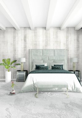 Beyaz yatak odası veya oturma odası en az stil iç tasarım şık duvar ve Kanepeli. 3D render. Conept gösteri Oda