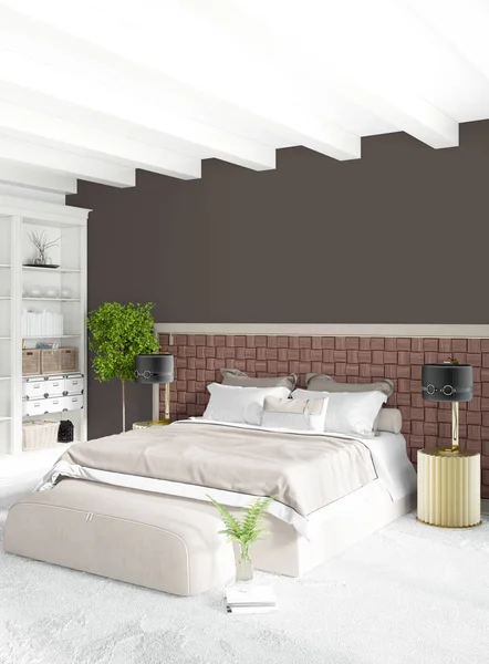 Biała sypialnia i pokój dzienny minimalistycznym stylu wnętrz ze stylowymi i sofą. renderowania 3D. Conept salonu — Zdjęcie stockowe
