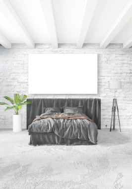 Beyaz yatak odası veya oturma odası en az stil iç tasarım şık duvar ve Kanepeli. 3D render. Conept gösteri Oda