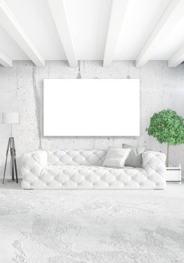 Beyaz yatak odası veya oturma odası en az stil iç tasarım şık duvar ve Kanepeli. 3D render. Conept gösteri Oda