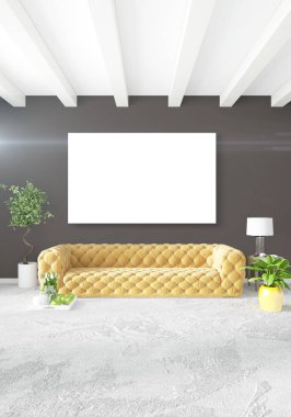 Beyaz yatak odası veya oturma odası en az stil iç tasarım şık duvar ve Kanepeli. 3D render. Conept gösteri Oda