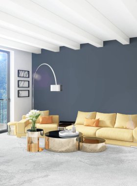 Beyaz yatak odası veya oturma odası en az stil iç tasarım şık duvar ve Kanepeli. 3D render. Conept gösteri Oda