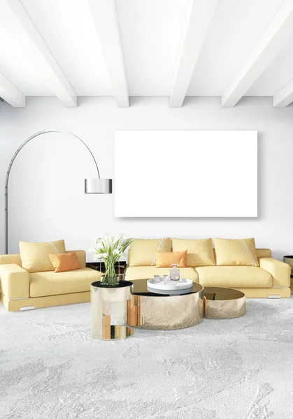 Beyaz yatak odası veya oturma odası en az stil iç tasarım şık duvar ve Kanepeli. 3D render. Conept gösteri Oda