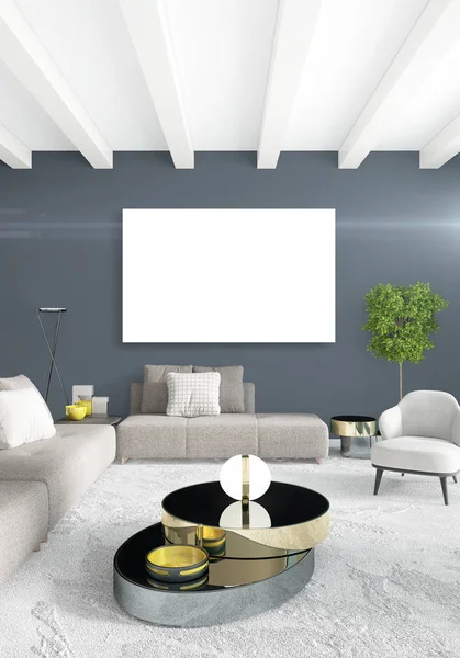 Beyaz yatak odası veya oturma odası en az stil iç tasarım şık duvar ve Kanepeli. 3D render. Conept gösteri Oda