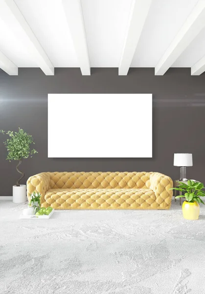 Beyaz yatak odası veya oturma odası en az stil iç tasarım şık duvar ve Kanepeli. 3D render. Conept gösteri Oda