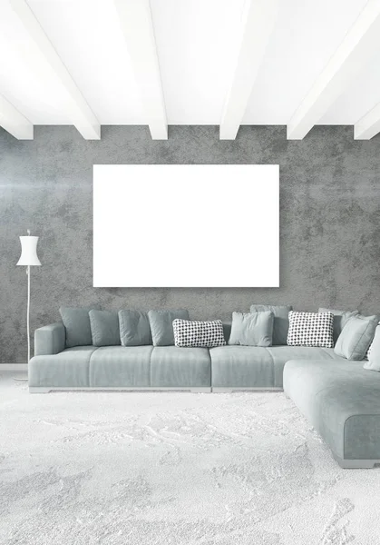 Beyaz yatak odası veya oturma odası en az stil iç tasarım şık duvar ve Kanepeli. 3D render. Conept gösteri Oda — Stok fotoğraf