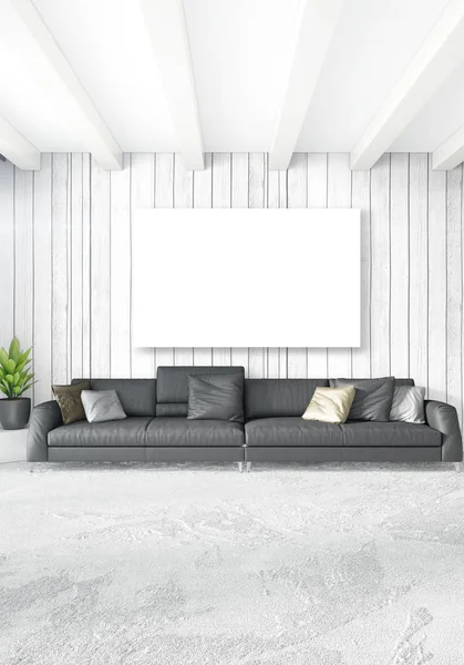 Beyaz yatak odası veya oturma odası en az stil iç tasarım şık duvar ve Kanepeli. 3D render. Conept gösteri Oda