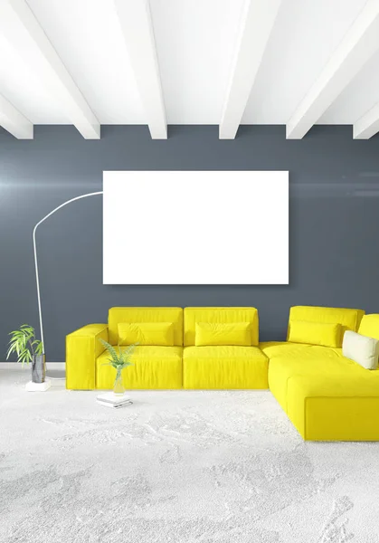 Weißes Schlafzimmer oder Wohnzimmer minimalistisches Interieur mit stilvoller Wand und Sofa. 3D-Darstellung. Konzept des Showrooms — Stockfoto