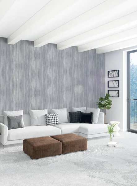 Beyaz yatak odası veya oturma odası en az stil iç tasarım şık duvar ve Kanepeli. 3D render. Conept gösteri Oda