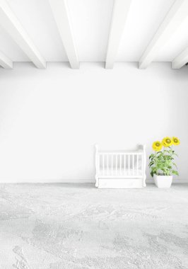 Beyaz yatak odası veya oturma odası en az stil iç tasarım şık duvar ve Kanepeli. 3D render. Conept gösteri Oda