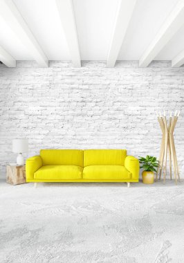 Beyaz yatak odası veya oturma odası en az stil iç tasarım şık duvar ve Kanepeli. 3D render. Conept gösteri Oda