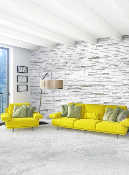 Beyaz yatak odası veya oturma odası en az stil iç tasarım şık duvar ve Kanepeli. 3D render. Conept gösteri Oda