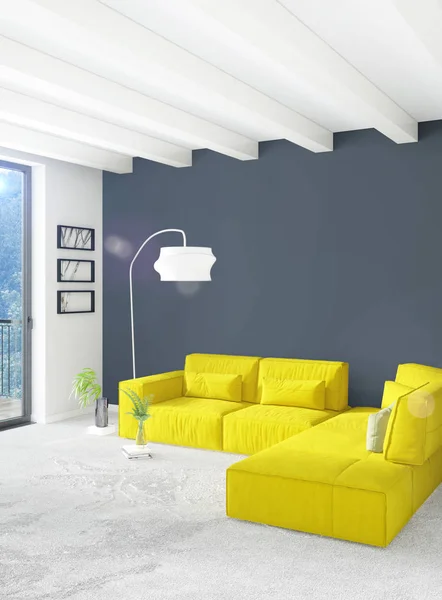 Dormitorio blanco o sala de estar de diseño interior de estilo minimalista con elegante pared y sofá. Representación 3D. Conjunto de sala de exposición — Foto de Stock