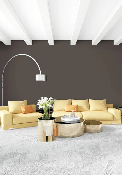 Beyaz yatak odası veya oturma odası en az stil iç tasarım şık duvar ve Kanepeli. 3D render. Conept gösteri Oda