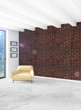 Beyaz yatak odası veya oturma odası en az stil iç tasarım şık duvar ve Kanepeli. 3D render. Conept gösteri Oda