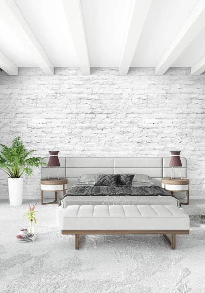 Beyaz yatak odası veya oturma odası en az stil iç tasarım şık duvar ve Kanepeli. 3D render. Conept gösteri Oda