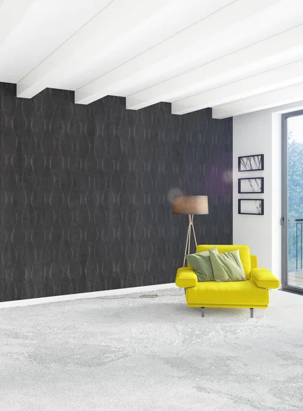 Beyaz yatak odası veya oturma odası en az stil iç tasarım şık duvar ve Kanepeli. 3D render. Conept gösteri Oda