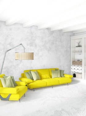 Beyaz yatak odası veya oturma odası en az stil iç tasarım şık duvar ve Kanepeli. 3D render. Conept gösteri Oda