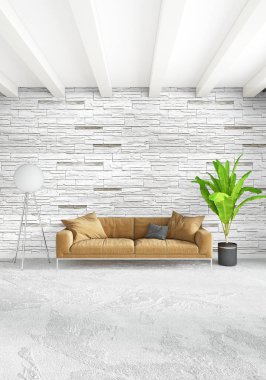 Beyaz yatak odası veya oturma odası en az stil iç tasarım şık duvar ve Kanepeli. 3D render. Conept gösteri Oda