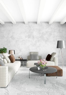 Beyaz yatak odası veya oturma odası en az stil iç tasarım şık duvar ve Kanepeli. 3D render. Conept gösteri Oda