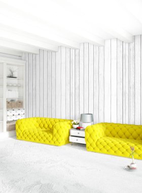 Beyaz yatak odası veya oturma odası en az stil iç tasarım şık duvar ve Kanepeli. 3D render. Conept gösteri Oda