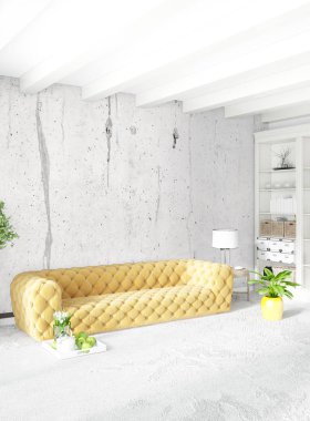 Beyaz yatak odası veya oturma odası en az stil iç tasarım şık duvar ve Kanepeli. 3D render. Conept gösteri Oda