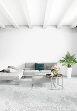Beyaz yatak odası veya oturma odası en az stil iç tasarım şık duvar ve Kanepeli. 3D render. Conept gösteri Oda