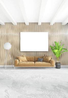 Beyaz yatak odası veya oturma odası en az stil iç tasarım şık duvar ve Kanepeli. 3D render. Conept gösteri Oda