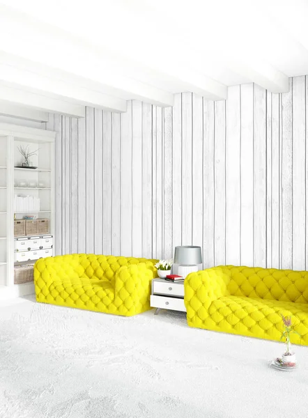 Beyaz yatak odası veya oturma odası en az stil iç tasarım şık duvar ve Kanepeli. 3D render. Conept gösteri Oda