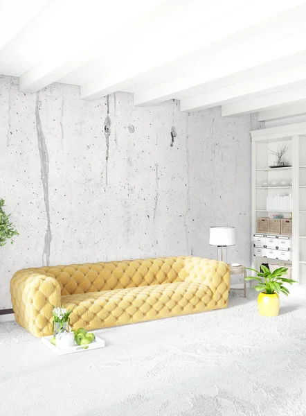 Beyaz yatak odası veya oturma odası en az stil iç tasarım şık duvar ve Kanepeli. 3D render. Conept gösteri Oda