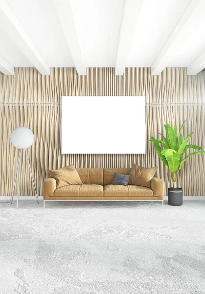 Beyaz yatak odası veya oturma odası en az stil iç tasarım şık duvar ve Kanepeli. 3D render. Conept gösteri Oda