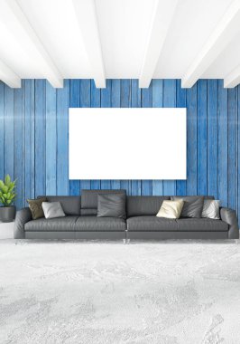 Beyaz yatak odası veya oturma odası en az stil iç tasarım şık duvar ve Kanepeli. 3D render. Conept gösteri Oda