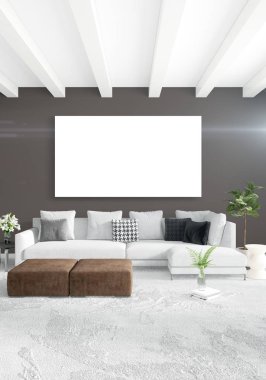 Beyaz yatak odası veya oturma odası en az stil iç tasarım şık duvar ve Kanepeli. 3D render. Conept gösteri Oda