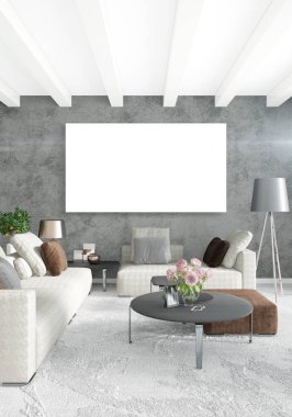 Beyaz yatak odası veya oturma odası en az stil iç tasarım şık duvar ve Kanepeli. 3D render. Conept gösteri Oda