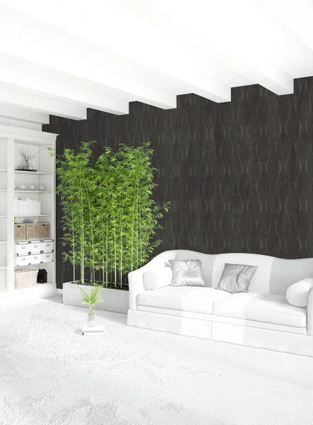 Beyaz yatak odası veya oturma odası en az stil iç tasarım şık duvar ve Kanepeli. 3D render. Conept gösteri Oda